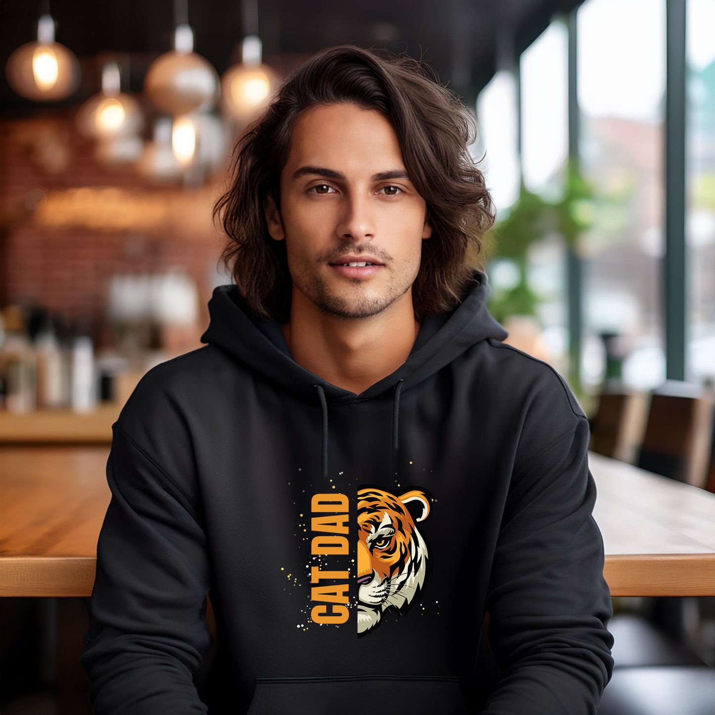 CAT DAD TIGER Print Hoodie – Cozy Black Sweatshirt for Animal Lovers