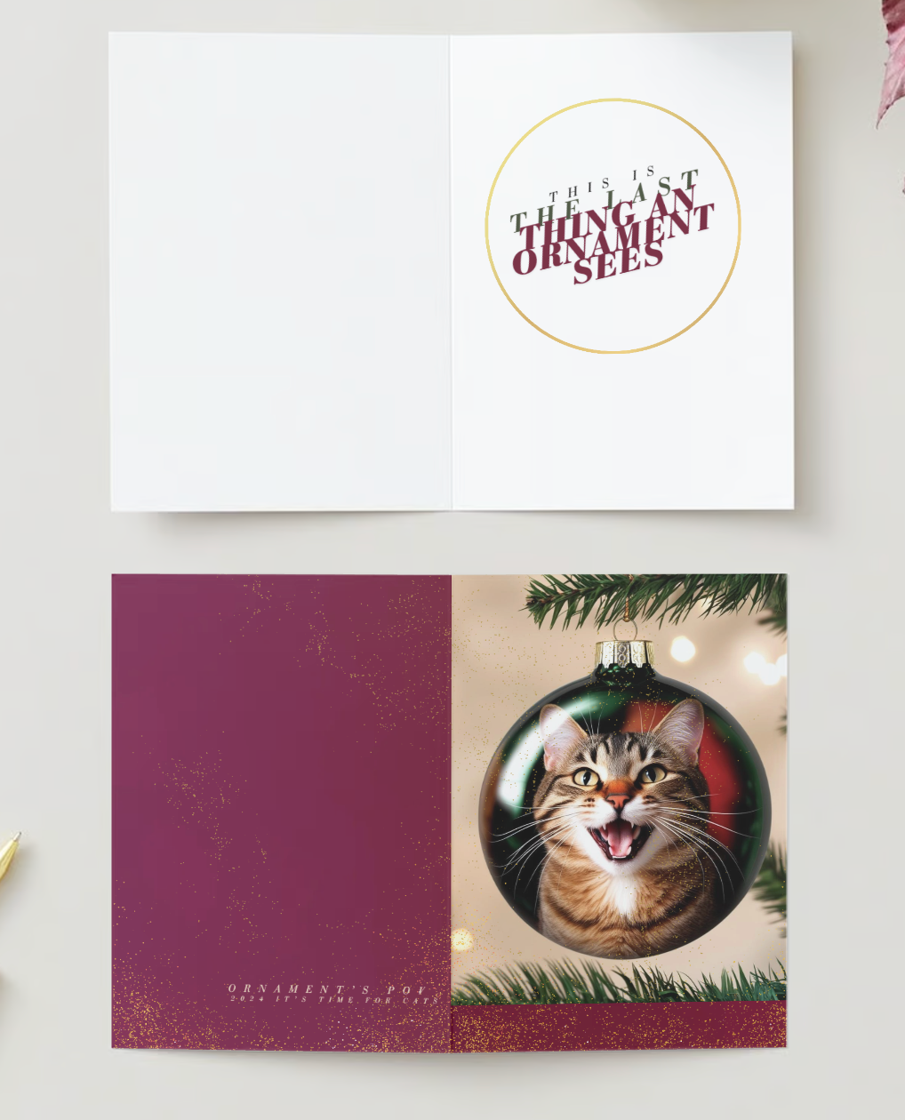 CAT REFLECTION ORNAMENT Pack of 10 Holiday Greeting Cards (US & CA)