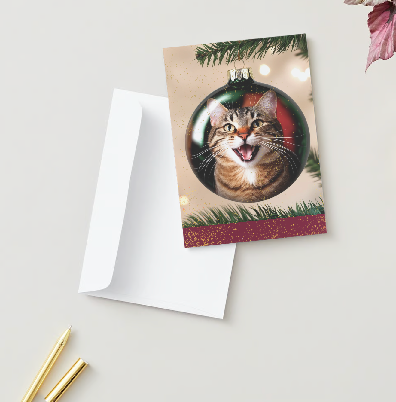CAT REFLECTION ORNAMENT Pack of 10 Holiday Greeting Cards (US & CA)