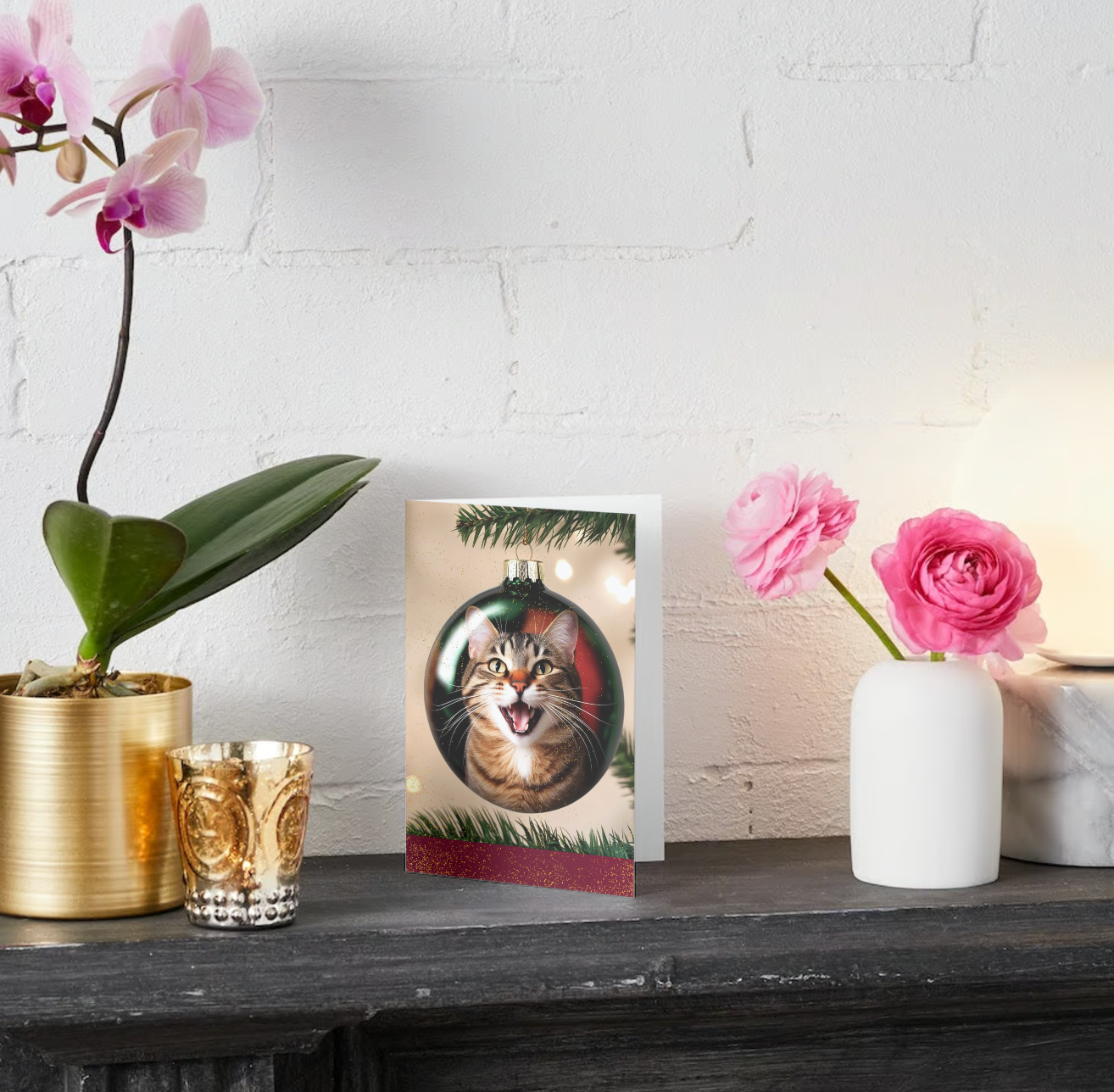 CAT REFLECTION ORNAMENT Pack of 10 Holiday Greeting Cards (US & CA)
