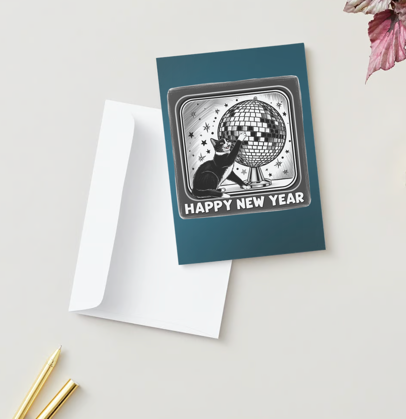 MIRRORBALL NEW YEAR CAT Pack of 10 Greeting Cards (US & CA)
