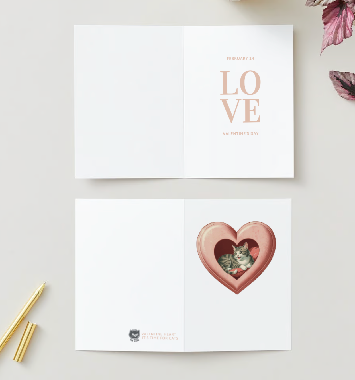PINK HEART CAT Pack of 10 Valentine's Day Greeting Cards (US & CA)
