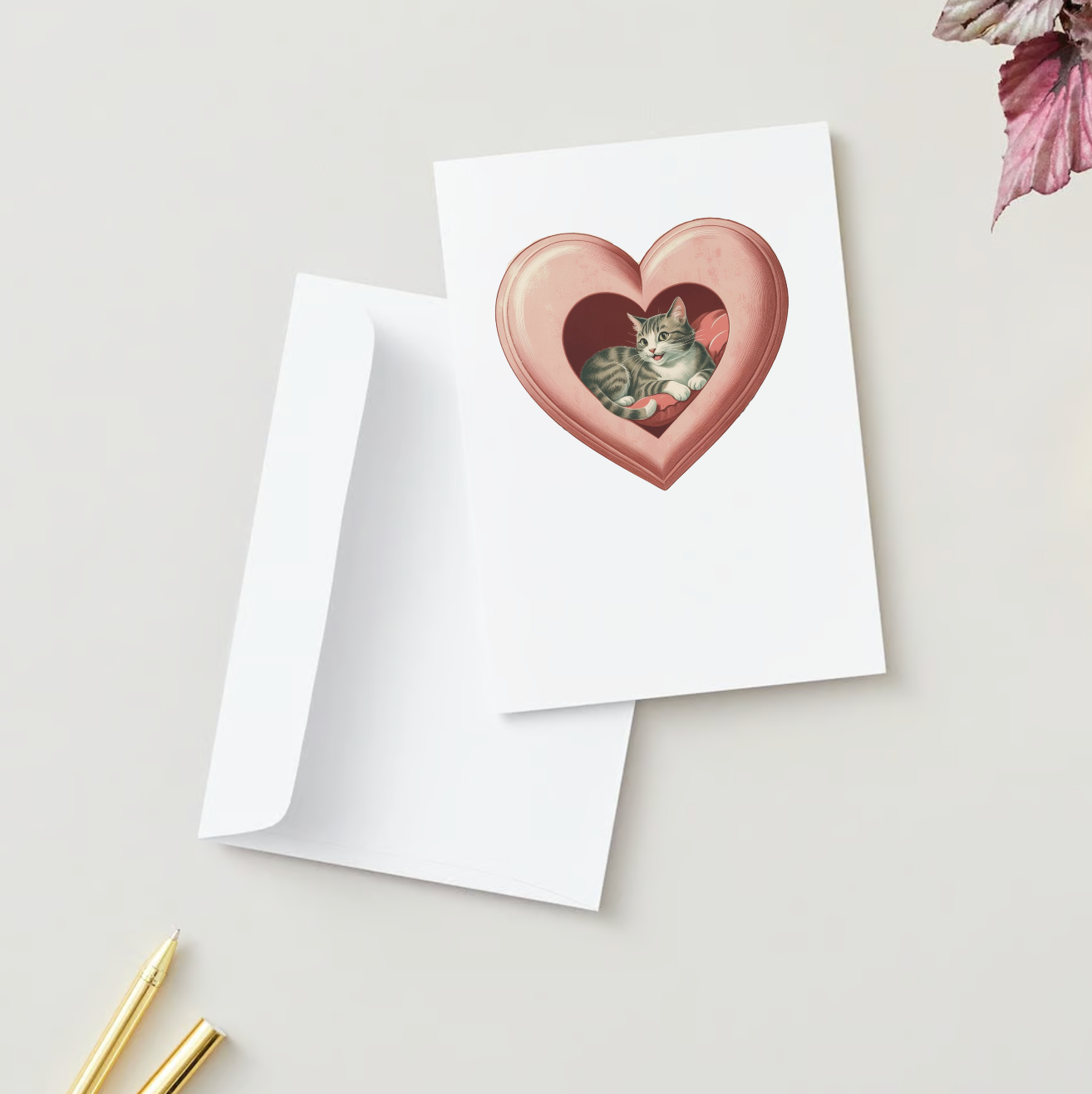 PINK HEART CAT Pack of 10 Valentine's Day Greeting Cards (US & CA)