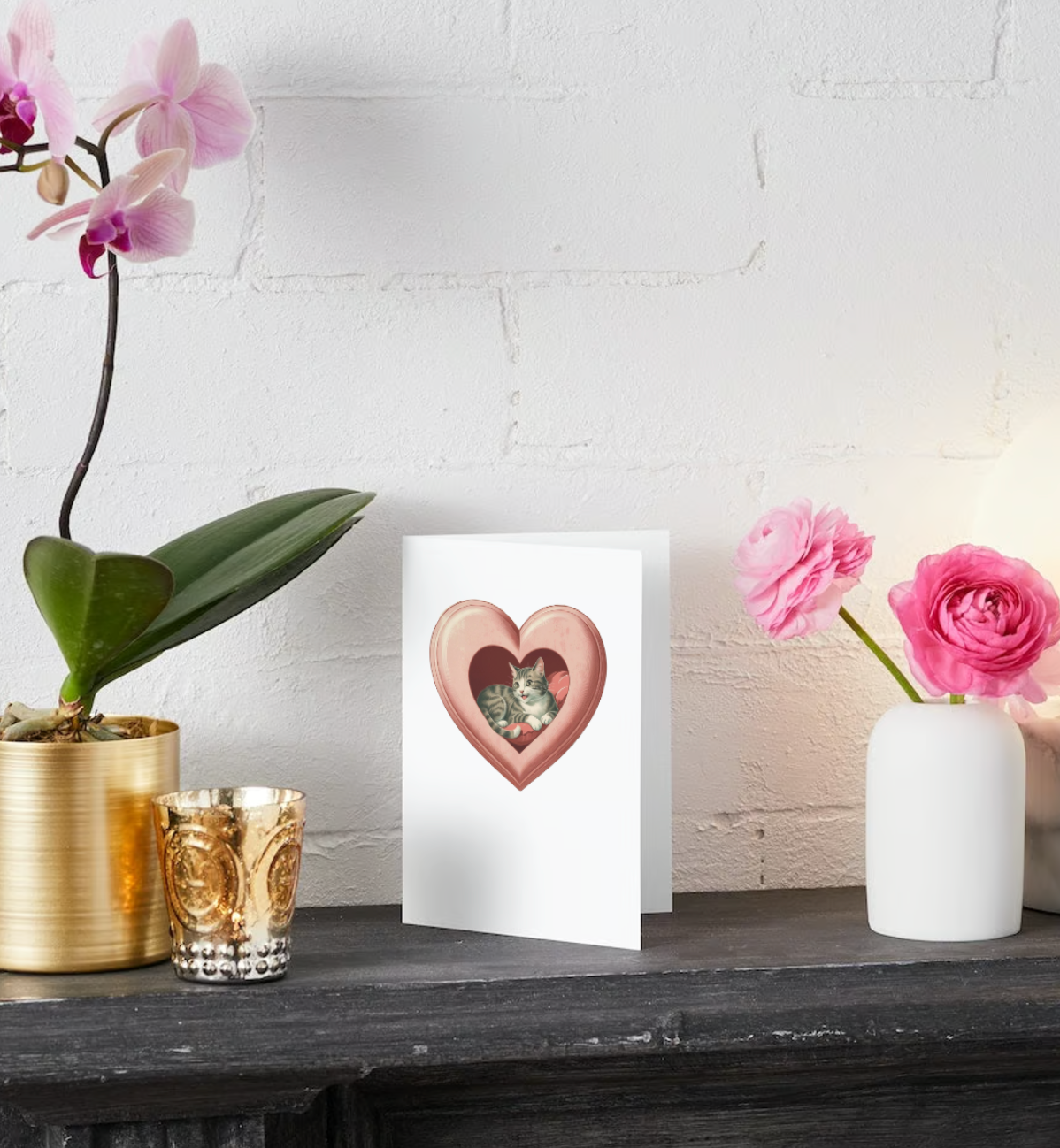 PINK HEART CAT Pack of 10 Valentine's Day Greeting Cards (US & CA)