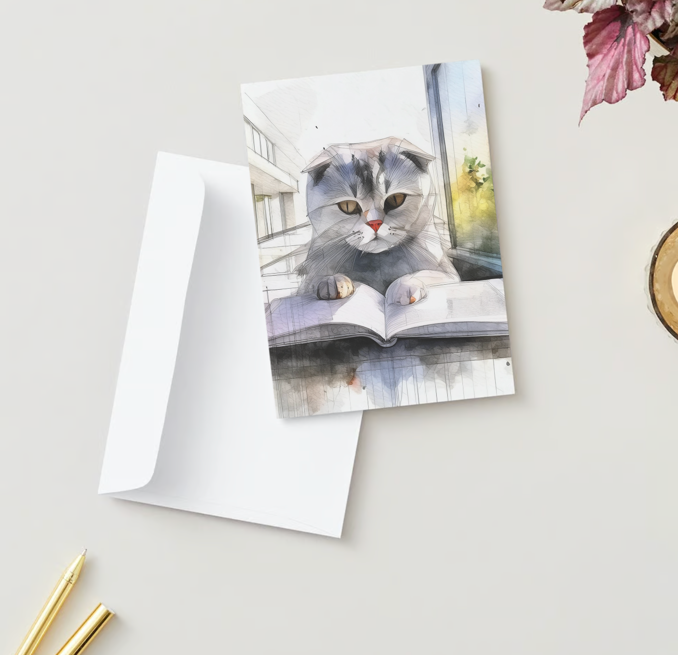 SCOTTISH FOLD CAT WITH MANUSCRIPT Card Set – Blank Greeting Cards Pack of 10