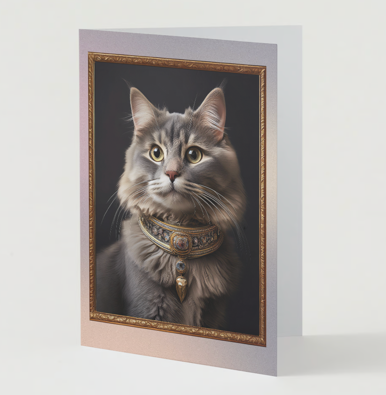 LONGHAIRED CAT PORTRAIT Cards - Elegant Bejeweled Collared Cat in Golden Frame - Pack of 10