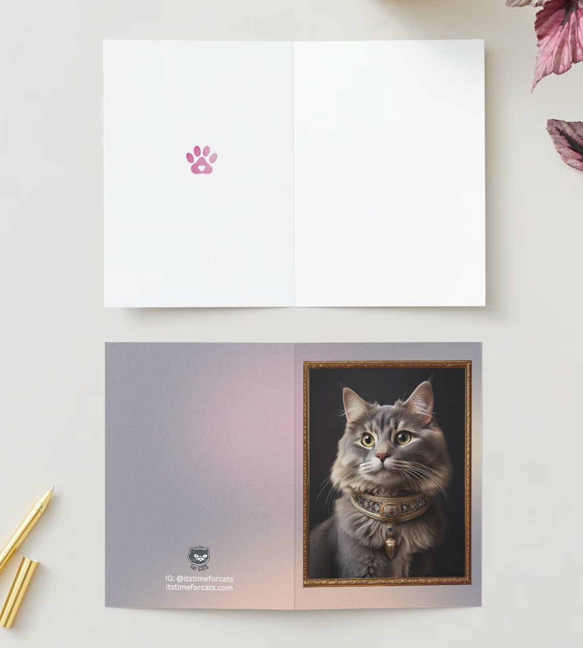 LONGHAIRED CAT PORTRAIT Cards - Elegant Bejeweled Collared Cat in Golden Frame - Pack of 10