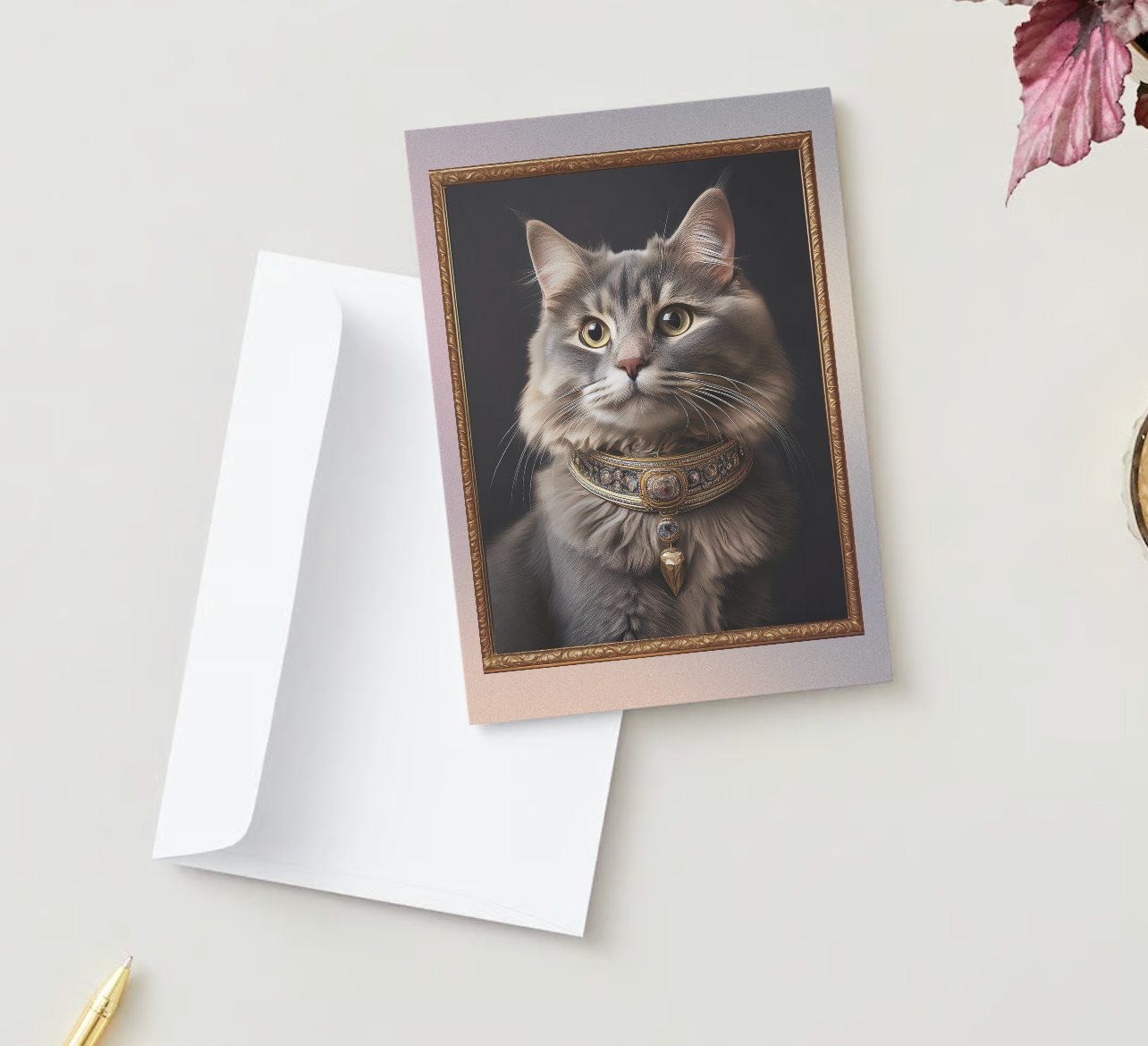 LONGHAIRED CAT PORTRAIT Cards - Elegant Bejeweled Collared Cat in Golden Frame - Pack of 10