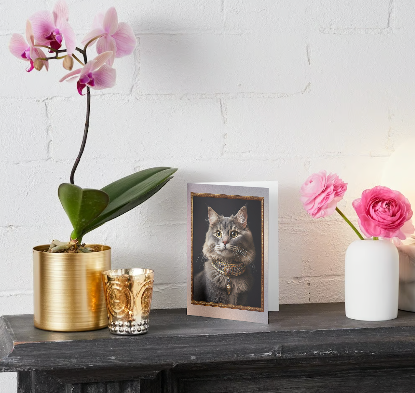 LONGHAIRED CAT PORTRAIT Cards - Elegant Bejeweled Collared Cat in Golden Frame - Pack of 10