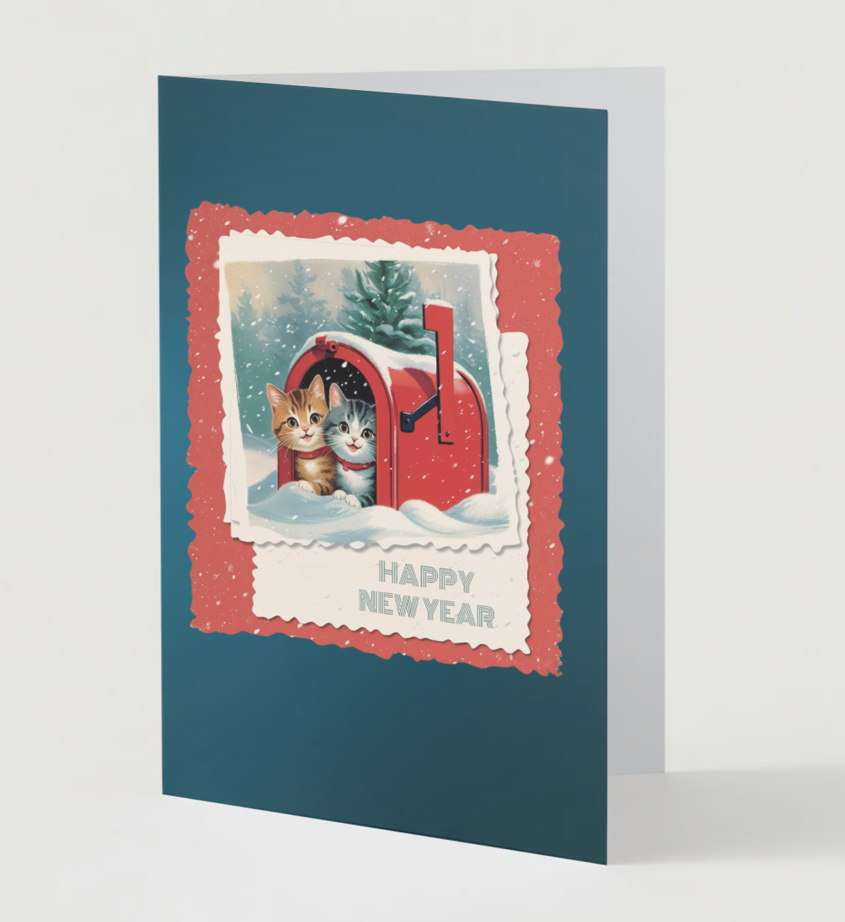 SNOWY MAILBOX KITTENS Happy New Year Greeting Cards - Pack of 10 (US & CA)