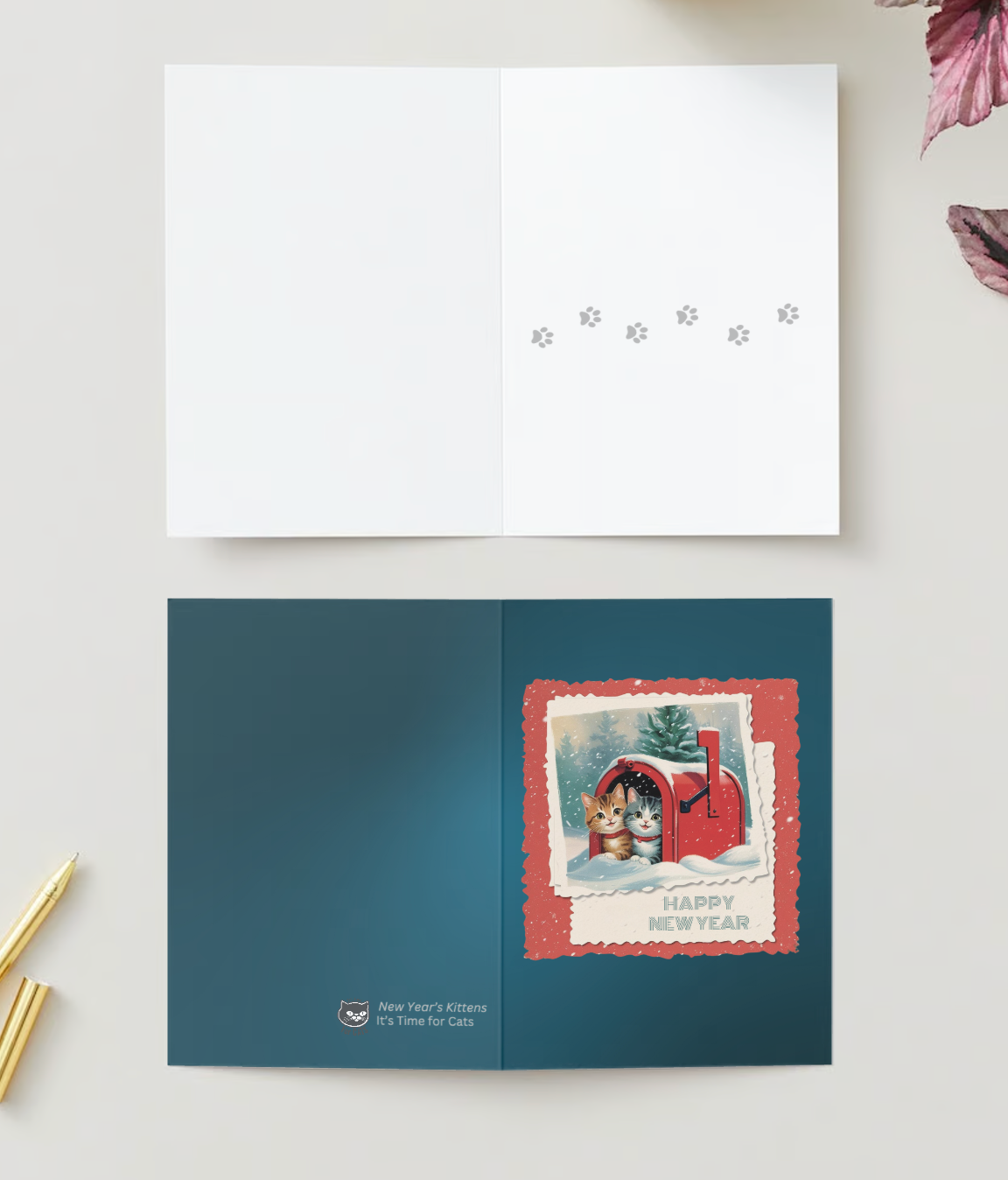 SNOWY MAILBOX KITTENS Happy New Year Greeting Cards - Pack of 10 (US & CA)