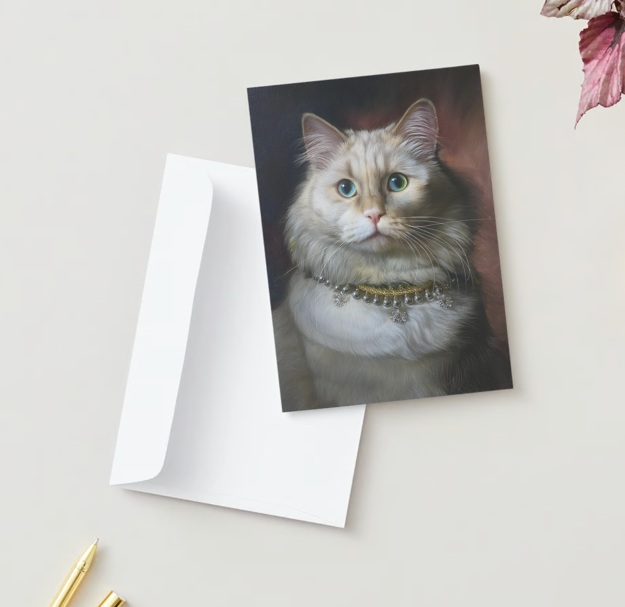 ELEGANT CAT LOSS SYMPATHY CARDS – Portrait of Longhaired White Cat with Blue Eyes – Pack of 10