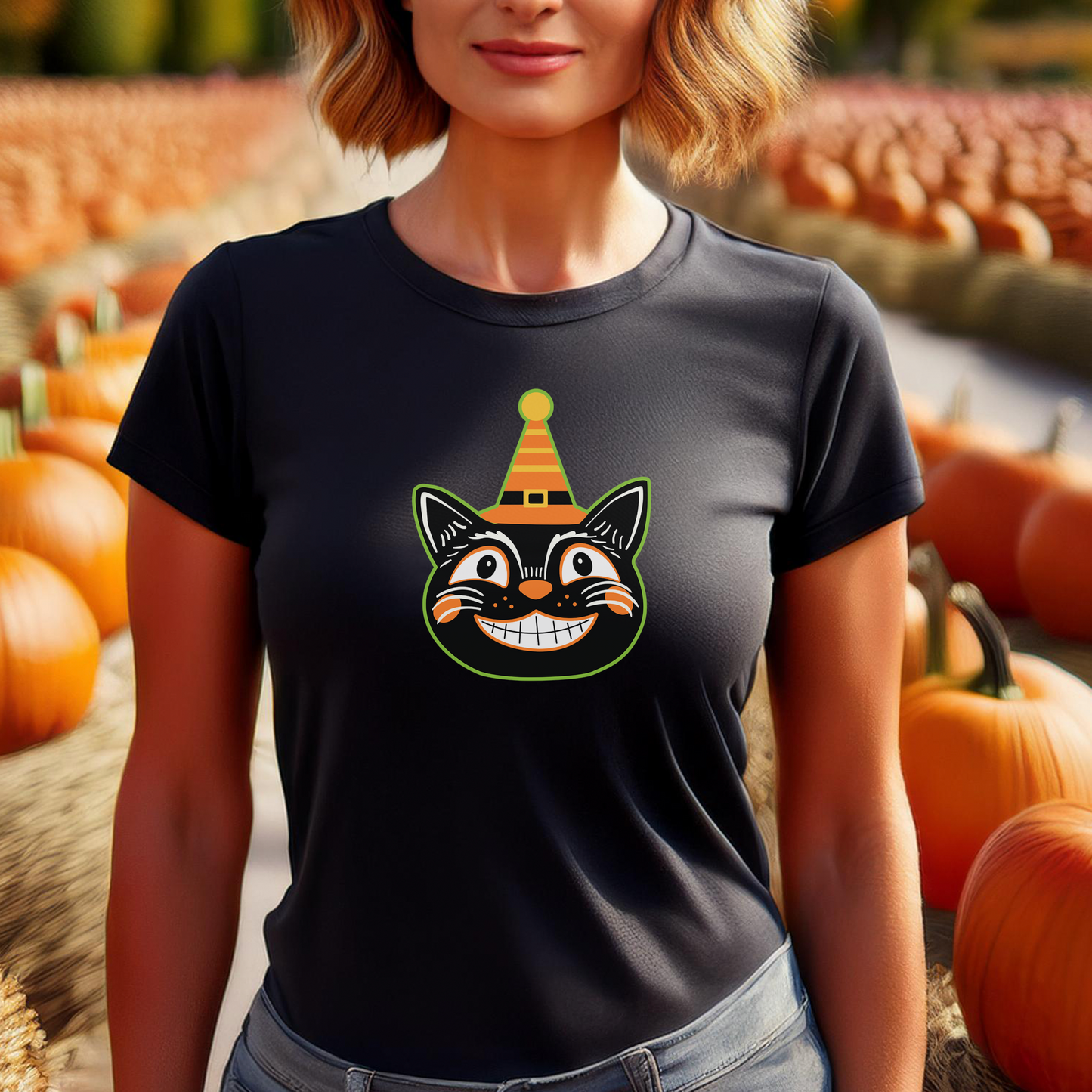 RETRO HALLOWEEN CAT (Premium Unisex Crewneck T-Shirt)