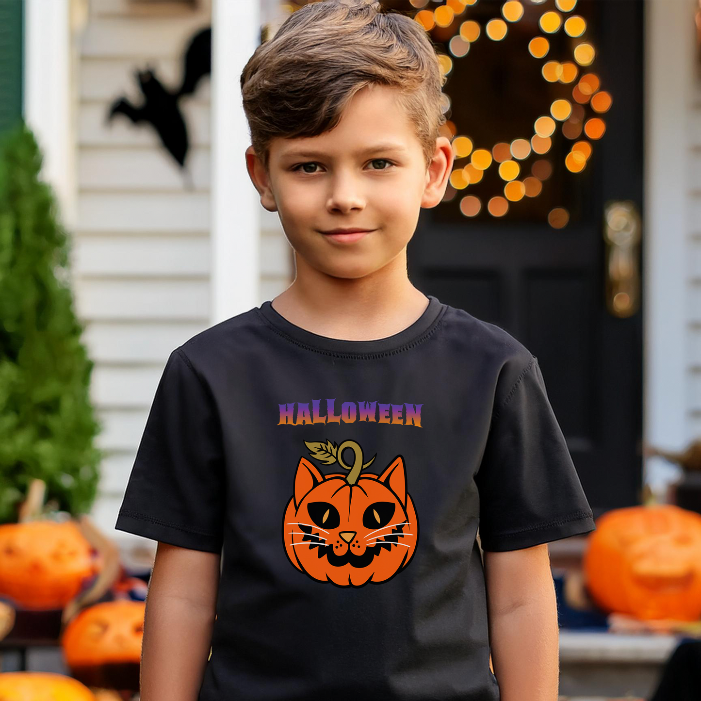 JACK-O'-LANTERN CAT (Premium Kids Crewneck T-Shirt)