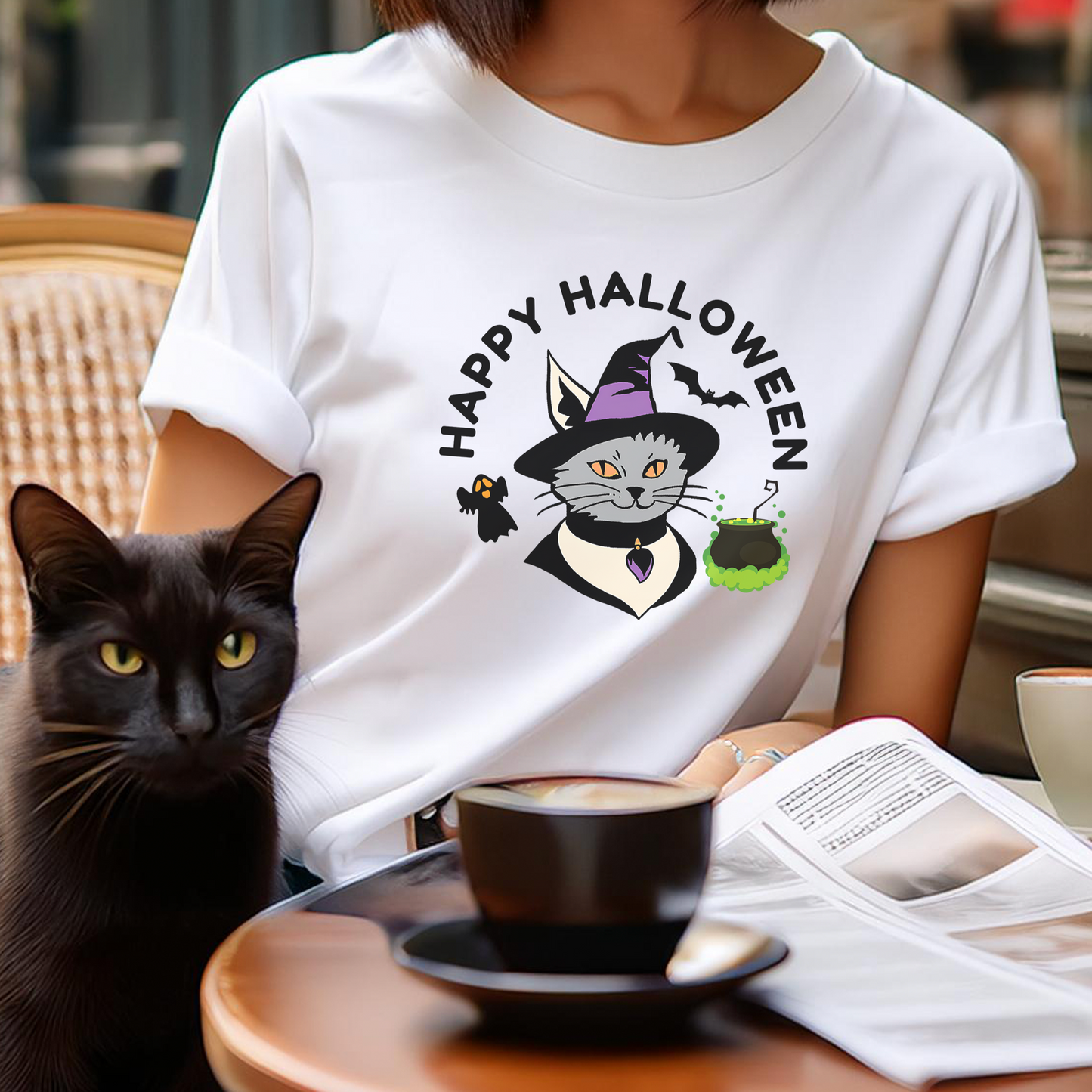 HAPPY HALLOWEEN WITCH CAT CAULDRON (Premium Unisex Crewneck T-Shirt)