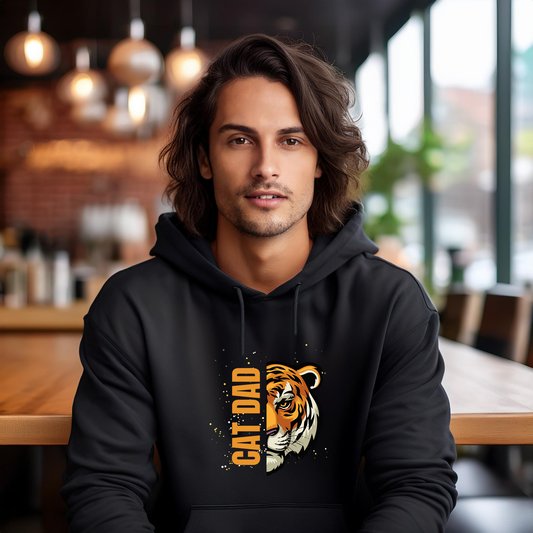 CAT DAD TIGER Print Hoodie – Cozy Black Sweatshirt for Animal Lovers