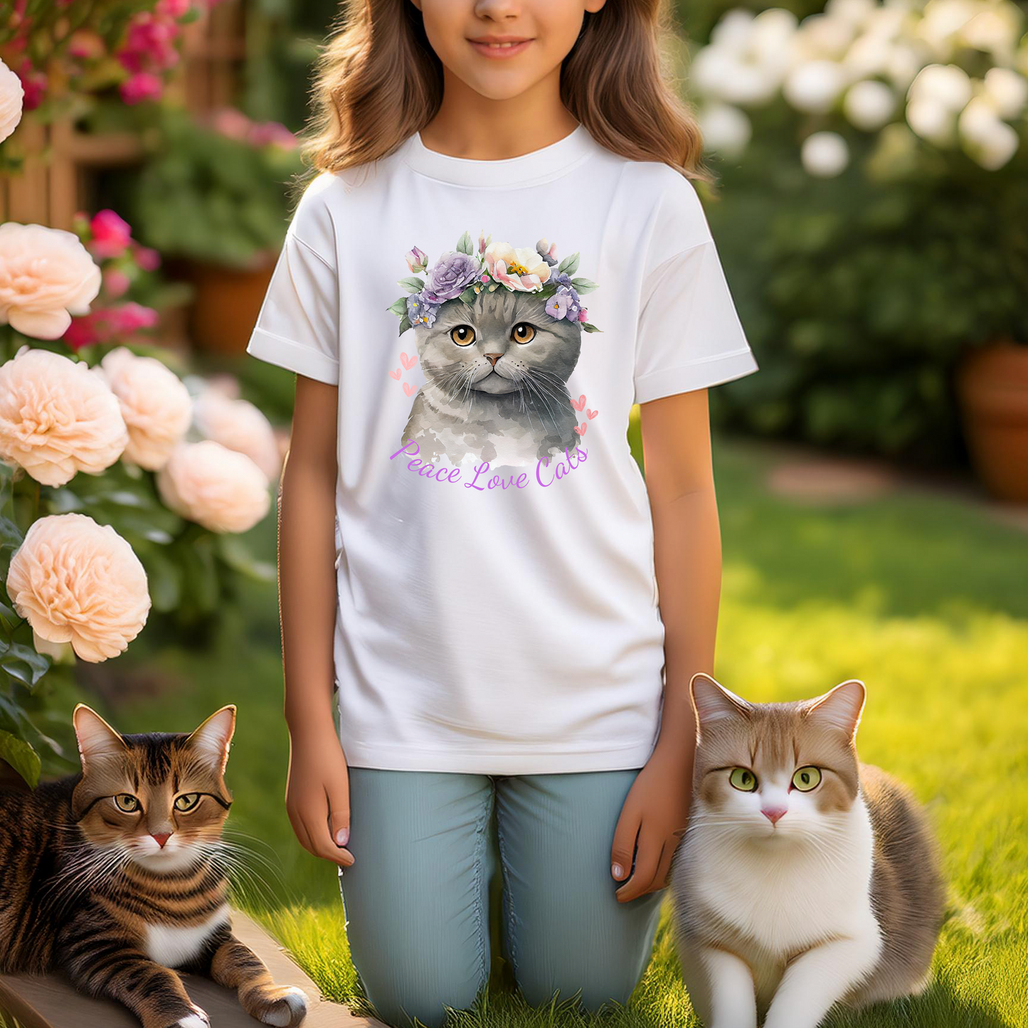 PEACE LOVE CATS (Premium Kids Crewneck T-Shirt)