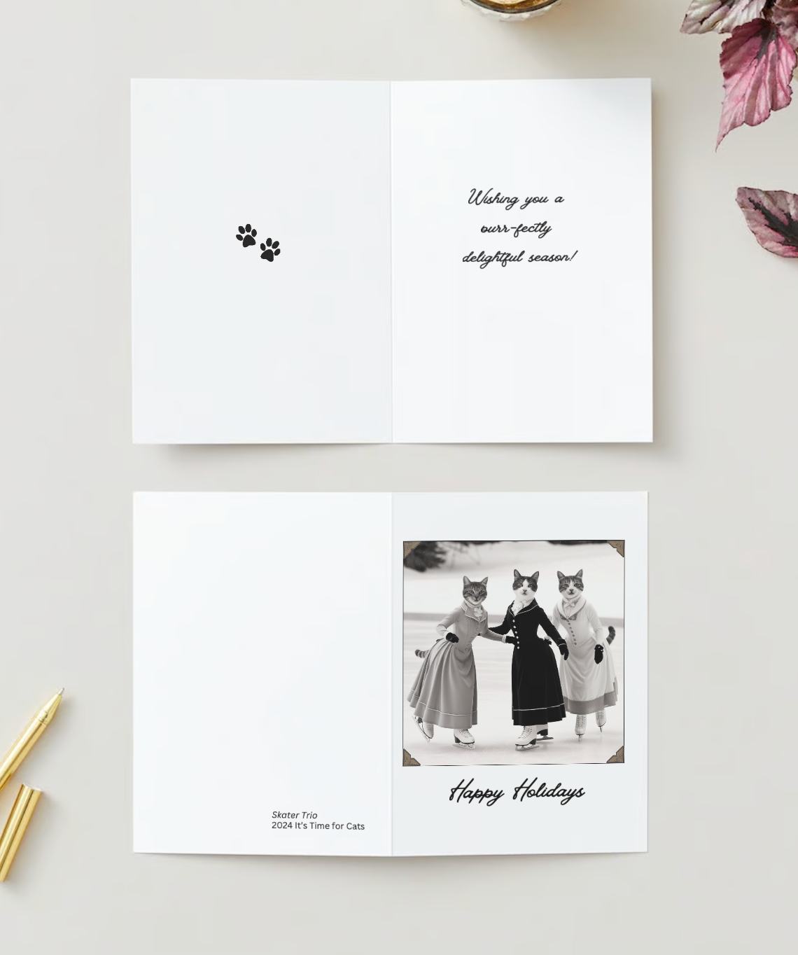 SKATER CAT TRIO Pack of 10 Holiday Greeting Cards (US & CA)