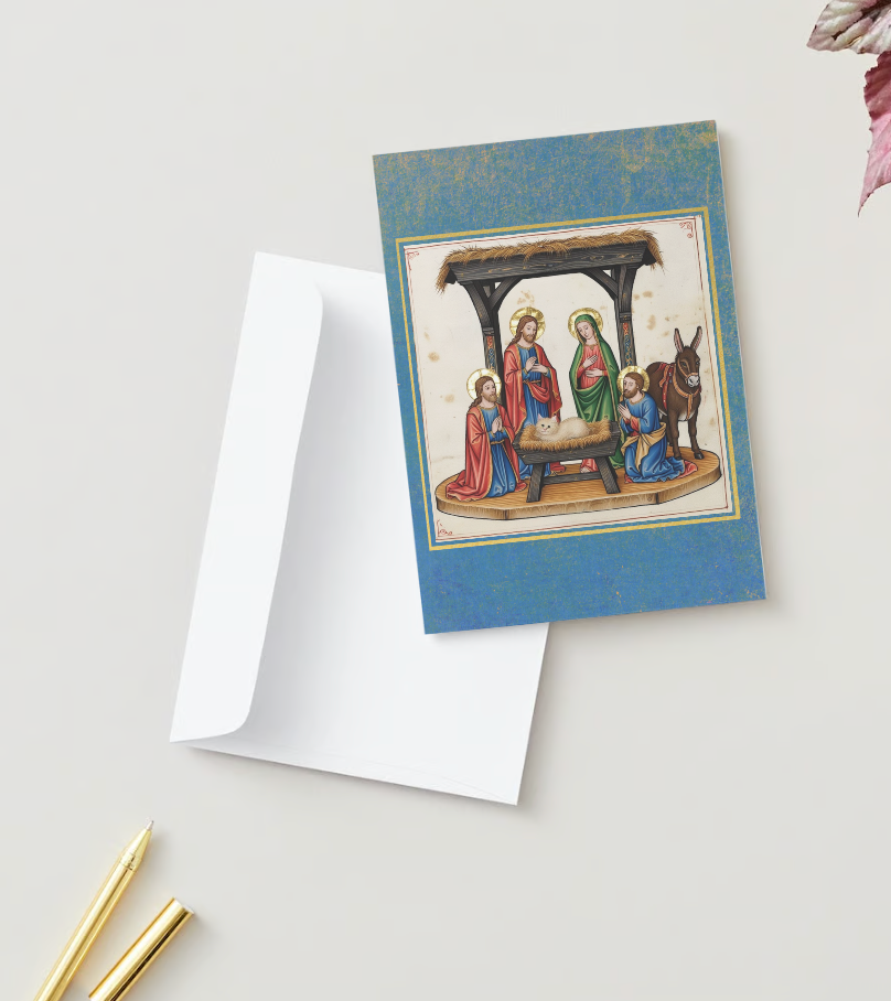 CAT IN MANGER Pack of 10 Christmas Greeting Cards (US & CA)