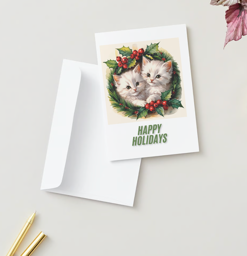CHRISTMAS HOLLY KITTENS (Christmas Greeting Cards – Pack of 10)