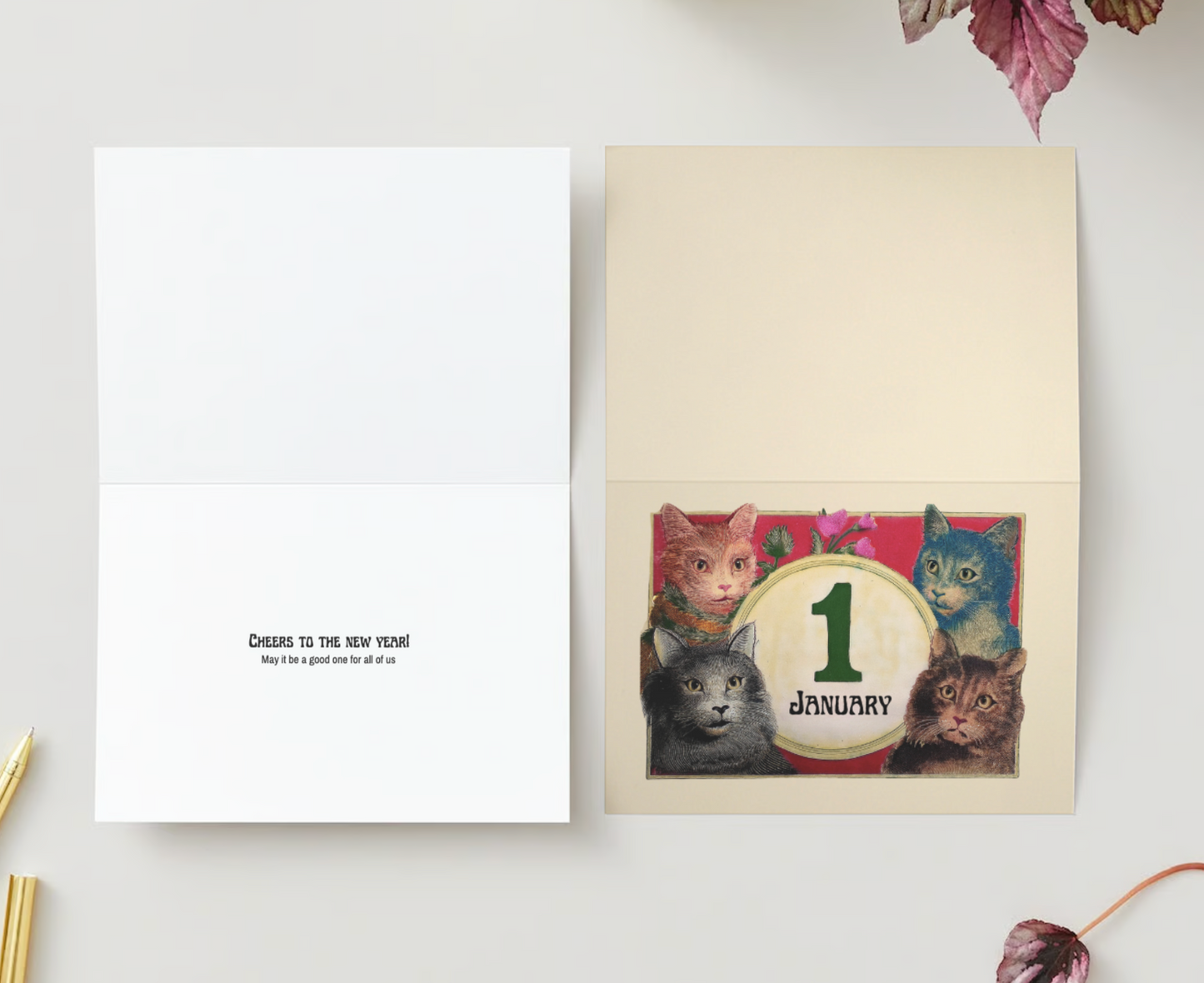 VINTAGE CATS NEW YEAR Pack of 10 New Year's Greeting Cards (US & CA)