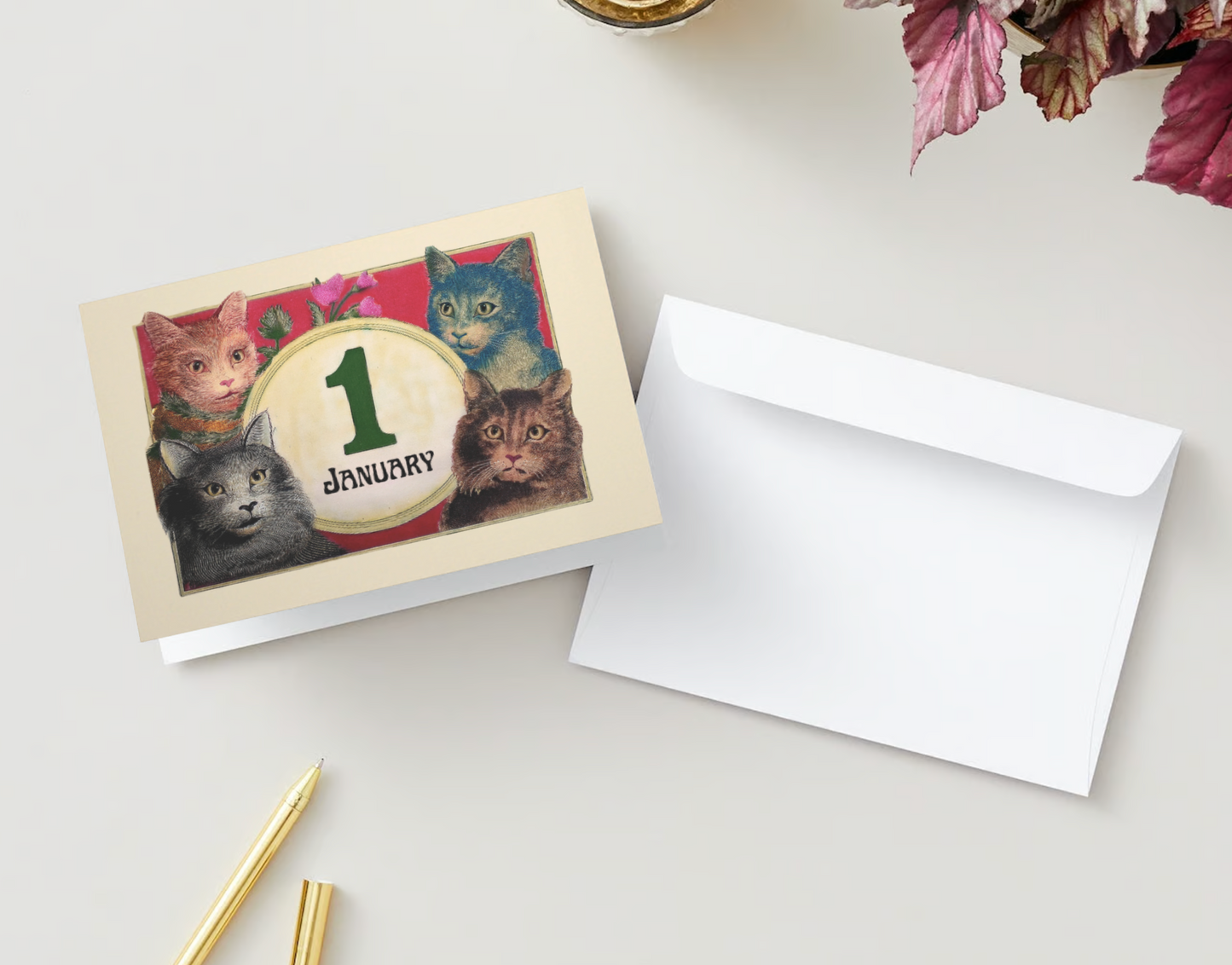 VINTAGE CATS NEW YEAR Pack of 10 New Year's Greeting Cards (US & CA)
