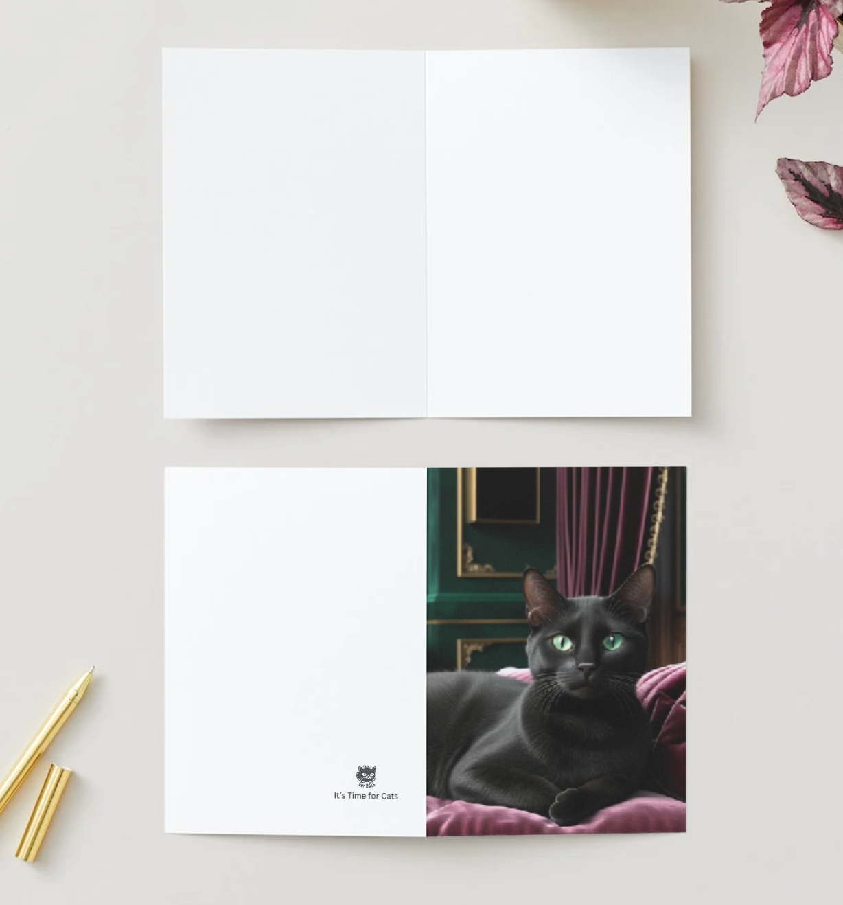 BLACK CAT GLAM Illustration Greeting Cards – Pack of 10 Folded Blank Cards and Envelopes