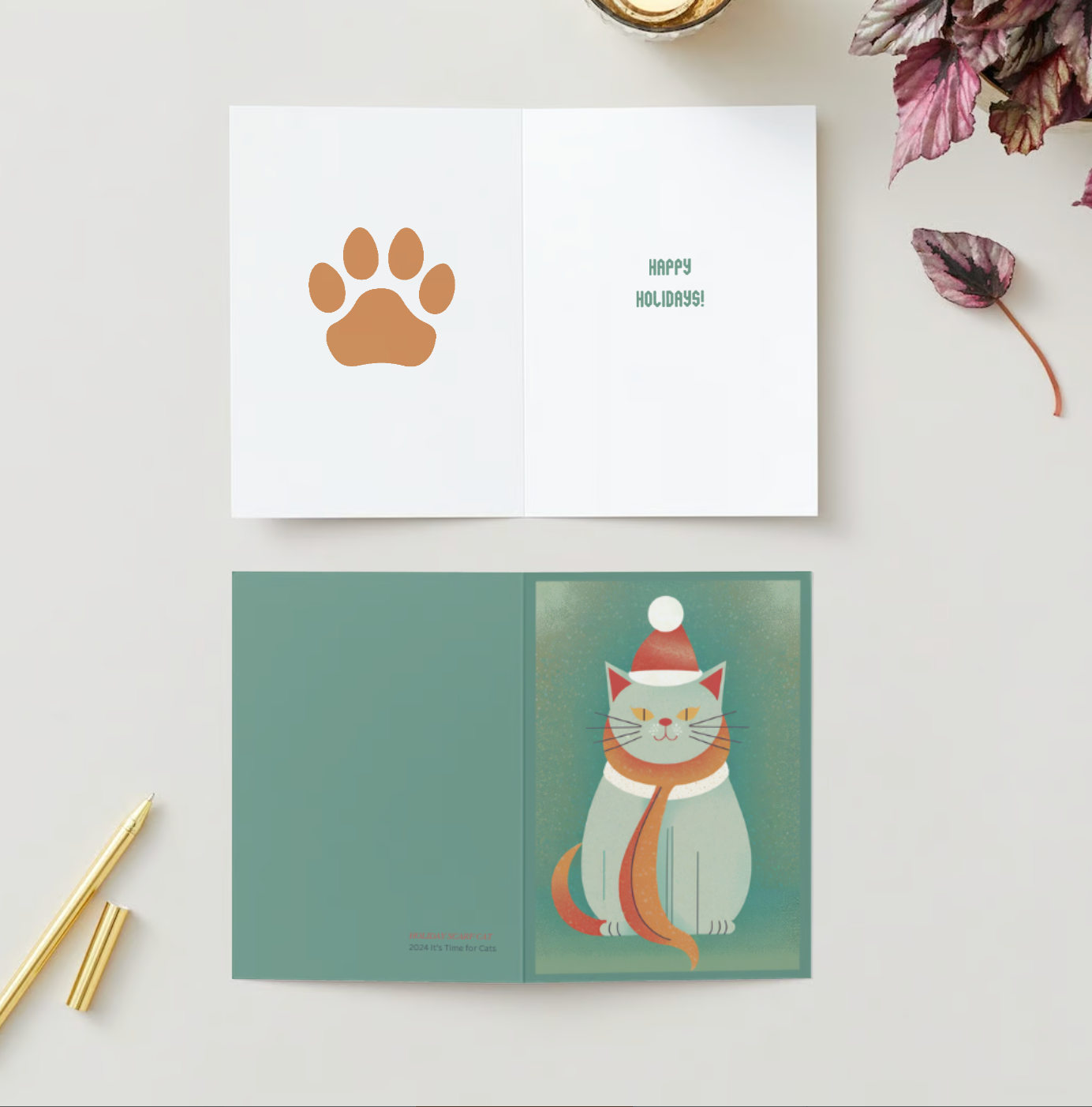RETRO SCARF CAT Pack of 10 Christmas Greeting Cards (US & CA)