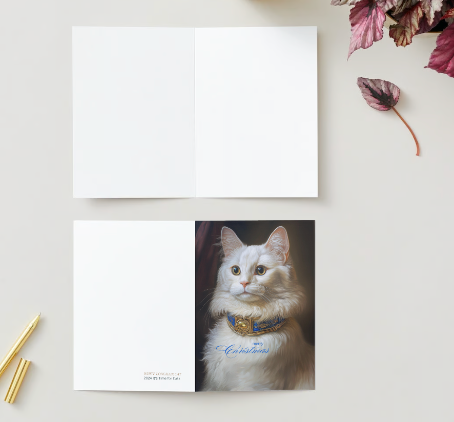 WHITE LONGHAIR CAT Pack of 10 Christmas Greeting Cards (US & CA)