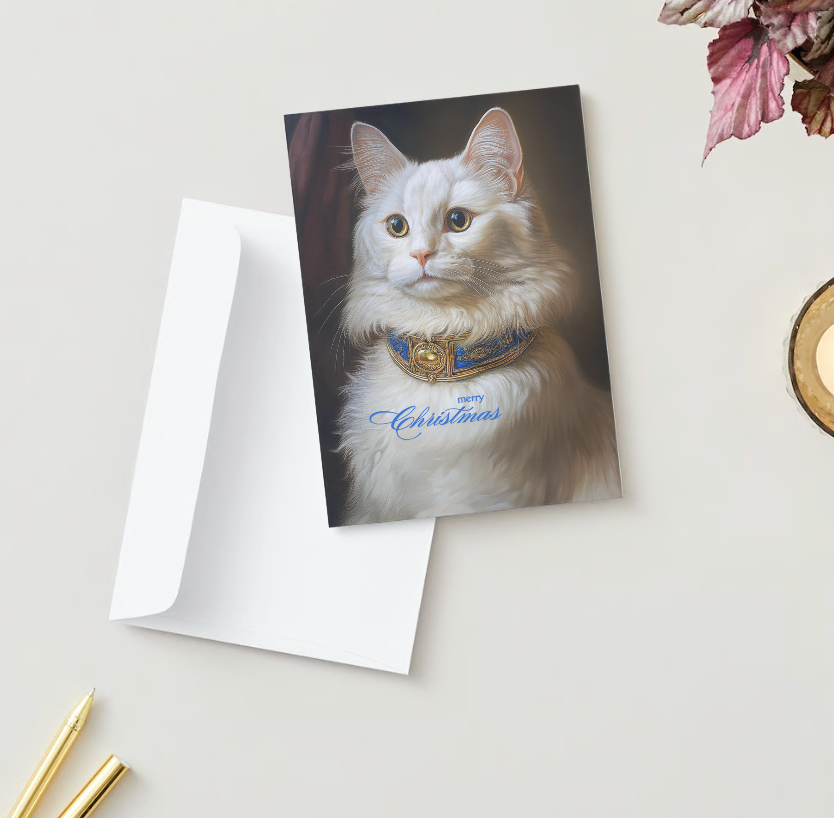 WHITE LONGHAIR CAT Pack of 10 Christmas Greeting Cards (US & CA)