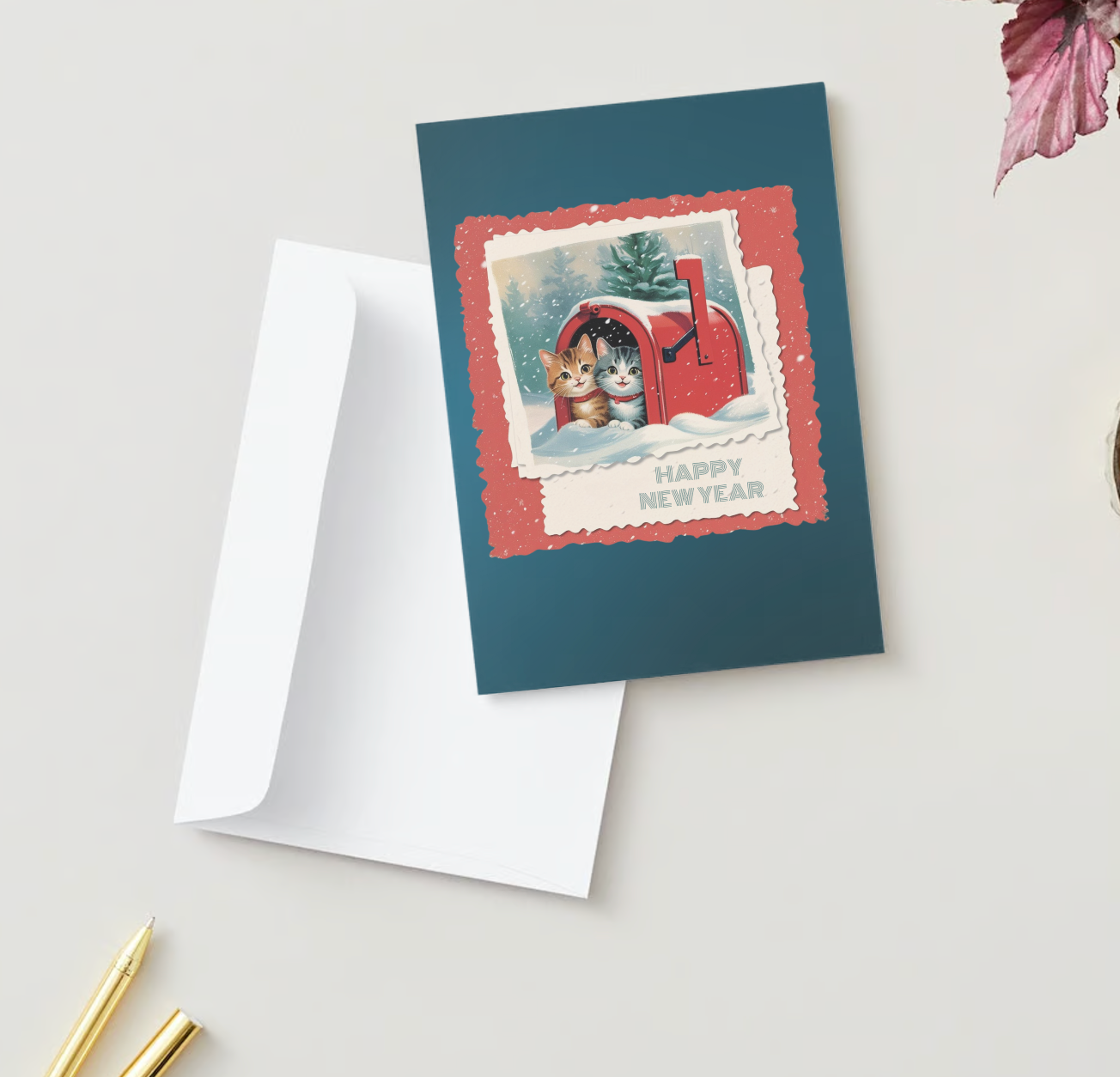 SNOWY MAILBOX KITTENS Happy New Year Greeting Cards - Pack of 10 (US & CA)