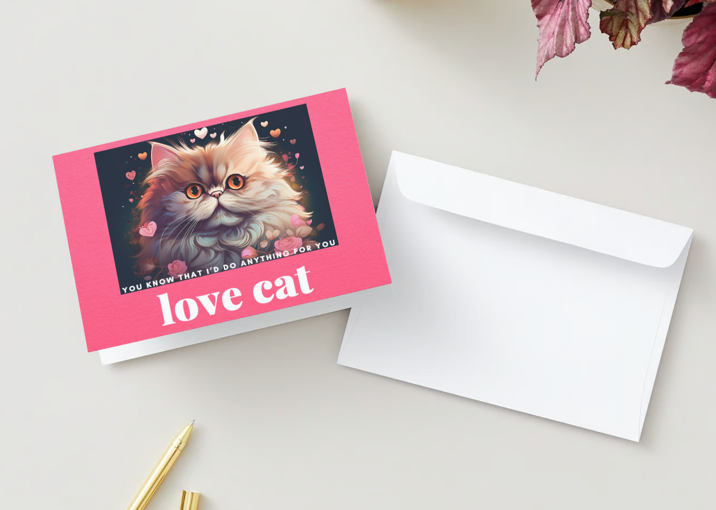LOVE CAT CARDS with Hearts and Flowers - Pack of 10 Greeting Cards Valentine's Day (US & CA)