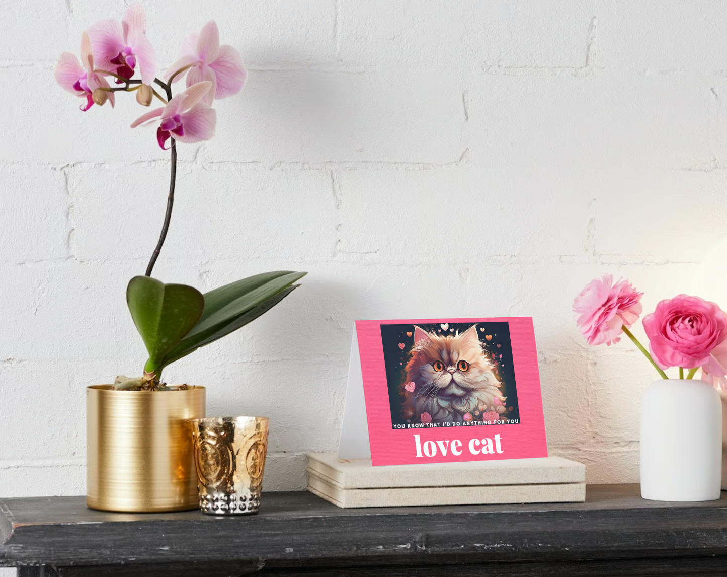 LOVE CAT CARDS with Hearts and Flowers - Pack of 10 Greeting Cards Valentine's Day (US & CA)