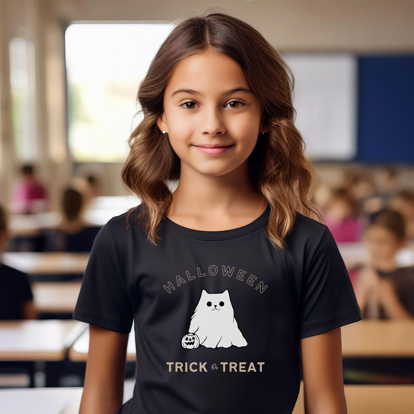 TRICK OR TREAT CAT GHOST (Classic Kids Crewneck T-shirt)