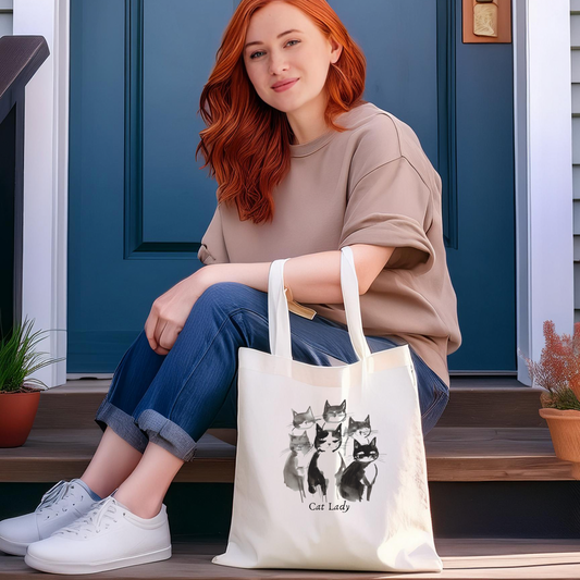 JAPANESE SUMI-E INSPIRED Eco-Friendly Cream Tote Bag with Cat Illustration – Cat Lady Design