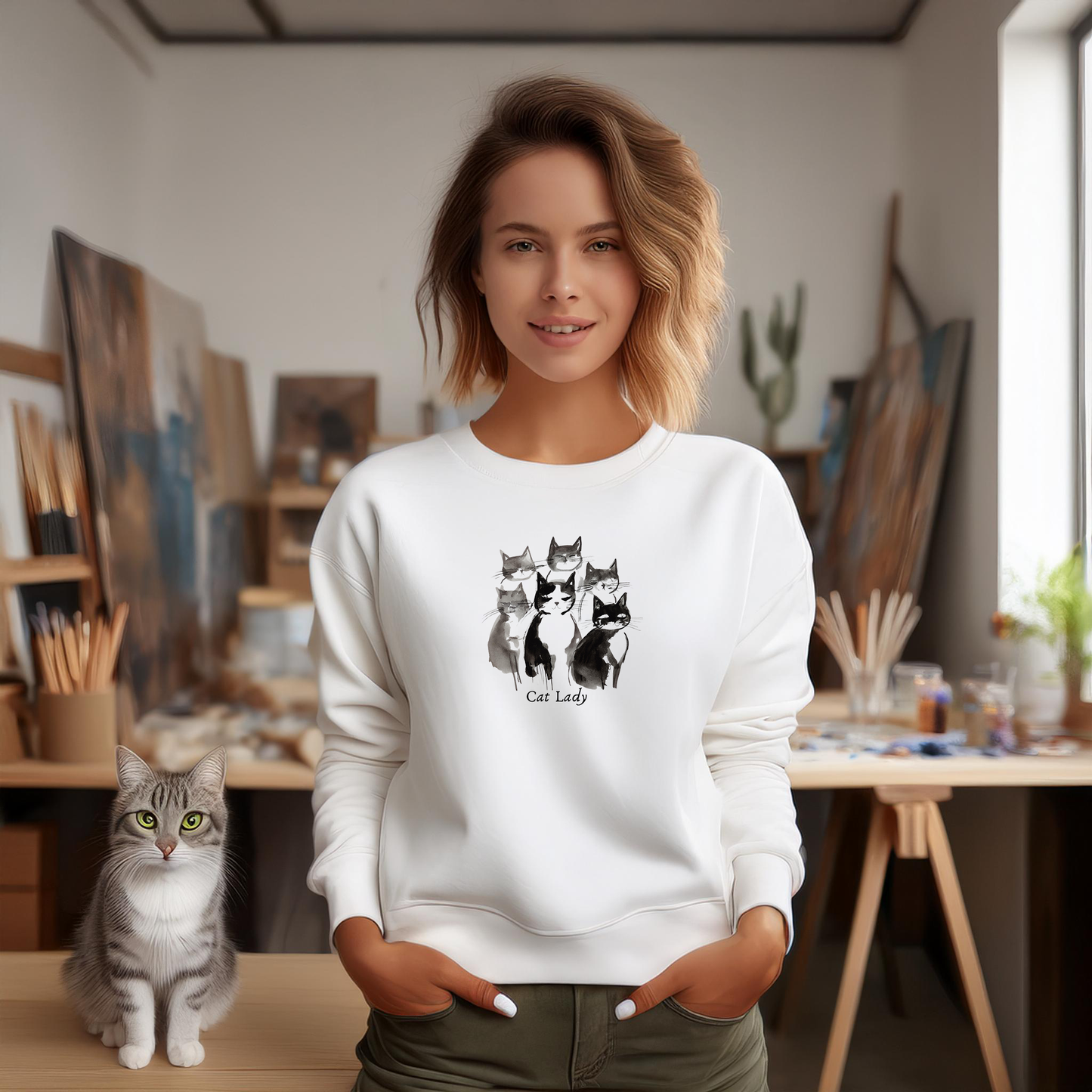 SUMI-E STYLE CAT LADY (Classic Unisex Sweatshirt)
